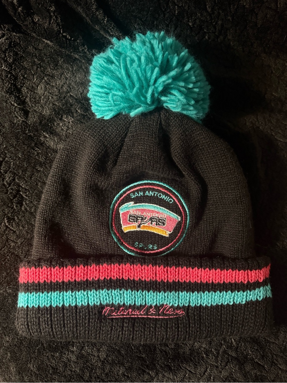 San Antonio Spurs Mitchell & Ness Black Beanie with Teal and Pink Accents #NBA